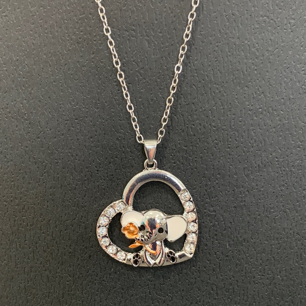 Silver Tone Elephant Heart Pendant Necklace - White and Gold Accents